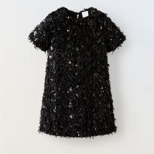 Zara Girl Faux Fur Sequin Black Holiday Special Occasion Dress Size 11-12